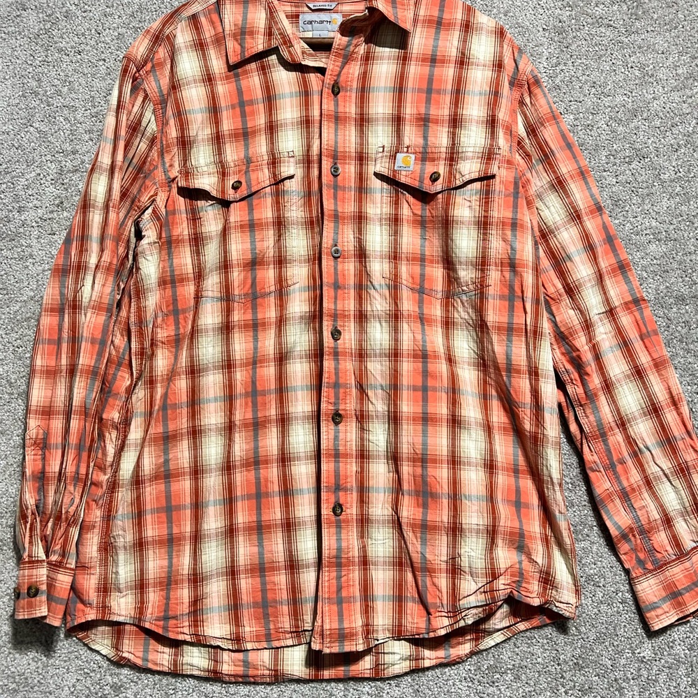 Carhartt Mens Orangee Plaid Long Sleeve Button Up Shirt Size Large